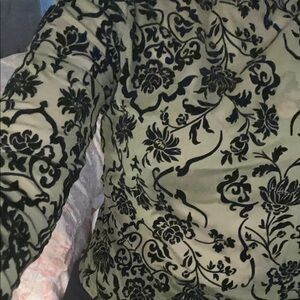 Floral Patterned green mesh and black velvet sheer Long Sleeve Top